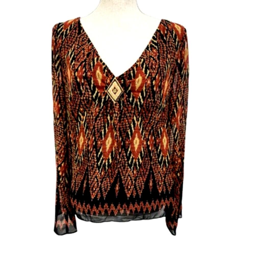 NWT!! Bandolino V Neck,Aztec Earthy Top,Slit Sleeves,Wooden Bead‎ Accents,Gypsy